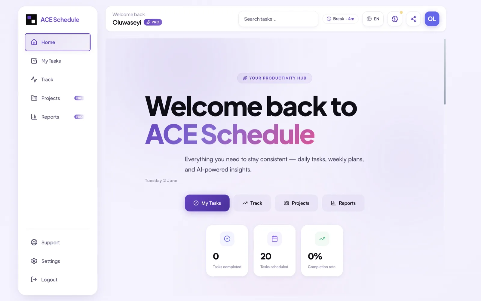 ACE Schedule welcome screen
