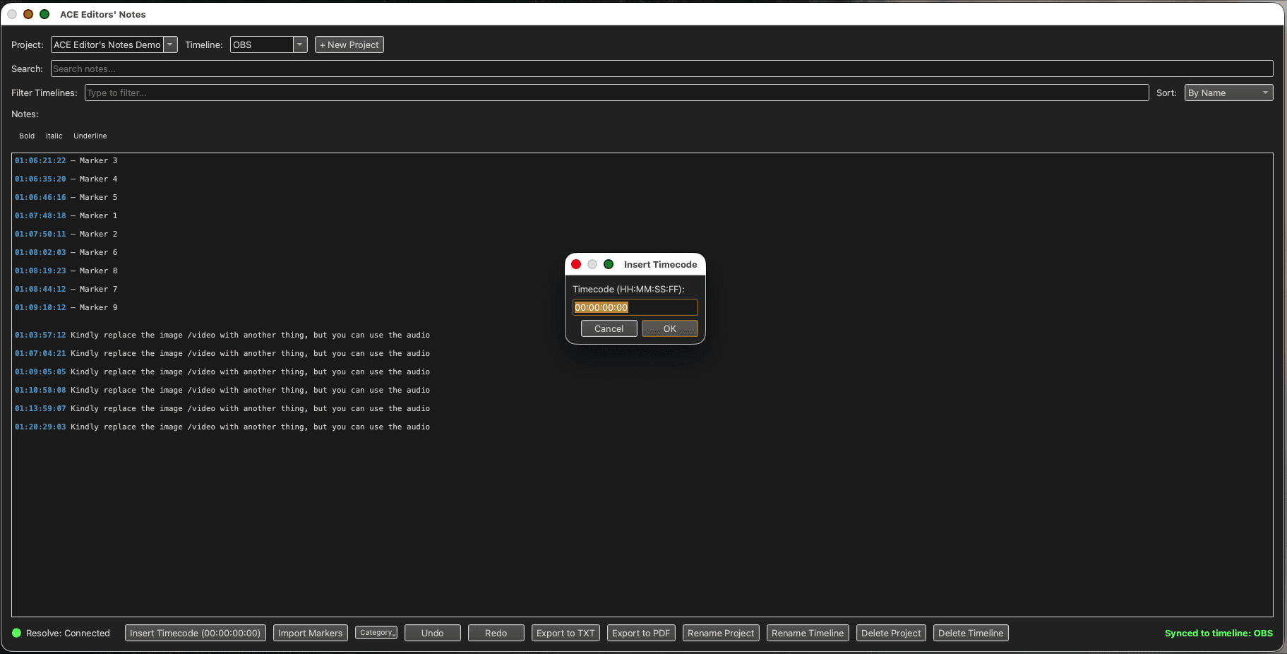 ACE Editors' Notes inserting a clickable timecode
